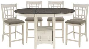 Crafted of poplar solids with white oak and birch veneers, this piece features the perfect blend of european design, fancy face dining top finished in a weathered brown with whitewash, a drawer and shelf for additional storage, fully stained interior drawer, full extensions metal drawer glides for easy access to storage, wood framed. Homelegance Junipero 5 Piece Antique White Counter Height Table And Chairs Set 2423w 36 5 Urner S Bakersfield Ca