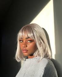 Beautiful Black Girl With Glowing Brown Skin Green Eyes Full Lips Long Lashes And Gray Silver Hair Grey Short Bob Beauty Hair Styles Beautiful Face