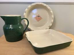 Three Pieces Of New Unused Vintage Emile Henry Bakeware Olive Green Deep Dish Pie Plate Square Baker And Table Pitcher Perfect Condition Food And Drink