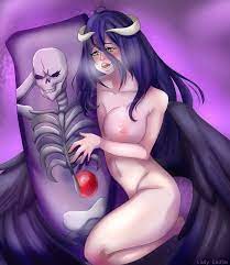 1girls ainz ooal gown albedo (overlord) bangs black hair body  pillow breasts dakimakura demon demon girl demon horns demon wings hair  between eyes horn ladyendsm light skin long hair