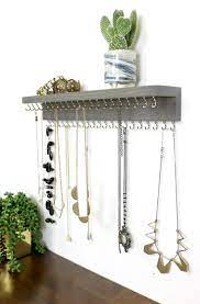 Wall Mount Necklace Holder Jewelry Organizer With Shelf Etsy In 2021 Diy Necklace Holder Wall Mounted Necklace Holder Jewelry Organizer Wall