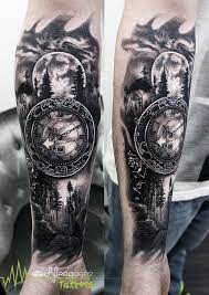 Forest Trees Nature Moon Clock Pocket Clock Realistic Time View Black Grey Arm Sleeve Tattoos Best Sleeve Tattoos Heaven Tattoos