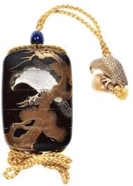 Inro Hawk Perched On Pine Branch Fledglings Waiting For Food On Reverse Roiro Ground Lacquered And Inlaid Mother Of Pear Netsuke Japanese Art Japanese Inro