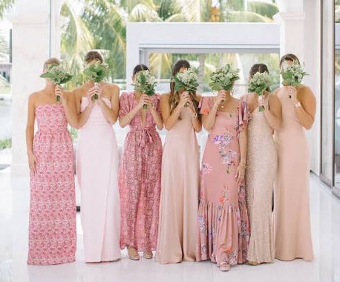 mix and match long pink bridesmaid dresses