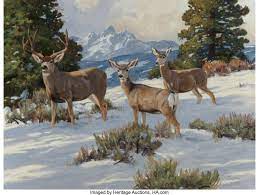 Ken Carlson American B 1937 Three Deer In A Snowy Landscape Lot 77075 Heritage Auctions Hunting Art Wildlife Paintings Deer Painting