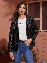 Double Button Lapel Neck Pu Leather Jacket Shein Usa Pu Leather Jacket Leather Jacket Jackets