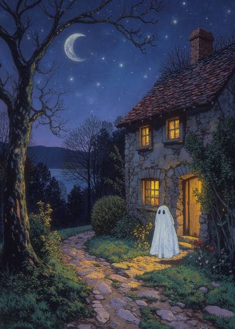 Cozy halloween wallpaper of a ghost in coming home