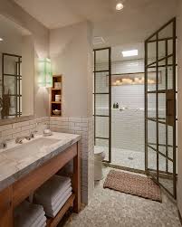 The shower curtain with a white top and horizontal gray stripes at the bottom is the perfect transition piece to add the appearance of vertical space while tying the dark floor and light walls together beautifully. Shower Enclosure Ideas Houzz