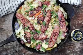 Coat pan with cooking spray; Chicken Apple Sausage Skillet With Cabbage And Potatoes Parsnips And Pastries