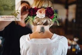 Burgundy Tulips And Blush David Austen Roses Nestled In A Cluster Of Olive Foliage Sprigs Www Jademcintoshflowers Bridal Party Flowers Wedding Flowers In Hair