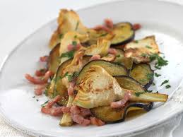 Duo D Artichauts Poivrade Et Aubergines Confites Aux Lardons A La Plancha Recettes Recette Recette Recettes De Cuisine Recette Plancha
