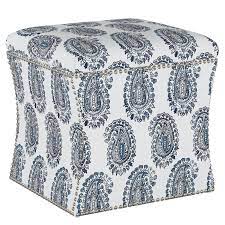 Covered in a durable, stain resistant 100% polyester multicolored paisley fabric with a rich burgundy background. Block Paisley Nail Button Storage Ottoman Brylane Home