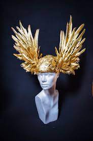 Men S Ladies Gold Feather Crown Wing Headdress Hat Greek Etsy Gold Feathers Feather Crown Festival Headpiece