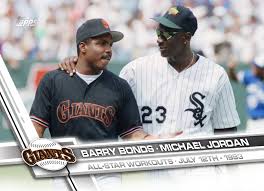 San Francisco Giants Barry Bonds Left Talks With Chicago Bulls Star Michael Jordan During All Star Workouts On Monday Michael Jordan Sports Cards Sf Giants