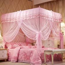 Pink Ruffled Four 4 Post Bed Canopy Netting Curtains Sheer Panel Twin Full Queen Mosquito Net Bed Canopy Bed Curtains Princess Bedroom Decor