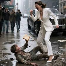 powerful woman pushes child into puddle