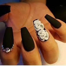 Matte Black Acrylic Nails Coffin Matte Black Coffin Shapped Nails With White 3d Flowers And Swarovskis Black Acrylic Nails Coffin Shape Nails Coffin Nails Designs
