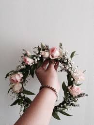 Bohemian Flower Crown Light Pink Roses Baby S Breath And Dark Green Foliage Www Thecrowncollective Co Bohemian Flower Crown Floral Crown Pink Flower Crown