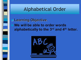 Alphabetical means arranged according to the normal order of the letters in the alphabet. Alphabetical Order Learning Objective Learning Objective We Will Be Able To Order Words Alphabetically To The 3 Rd And 4 Th Letter Ppt Download