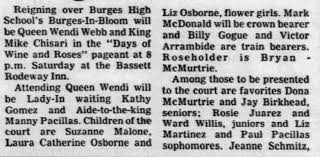 Dona McMurtrie "presented to the court" at Burges High School's  Burges-In-Bloom event.