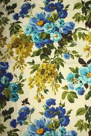 Green banner with green wave. 60s Vintage Decorator Fabric Sample Cotton W Floral Print Green Gold Blue