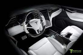 Custom White Model X Interior With Gloss Carbon Fiber Dash Panel Kit Flip Door And Sliding Tray And Steering Wheel Tesla Model X Tesla Model Tesla Model S