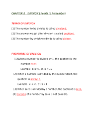 CHAPTER-2 DIVISION ( Points To Remember) TERMS OF DIVISION (1) The Number  To Be Divided Is Called Dividend. (2) The Answer We