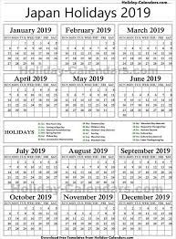 Japan National Holidays 2019 Excel