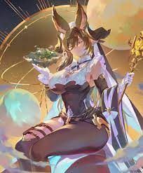 kiriyama2109, galleon (granblue fantasy), granblue fantasy, absurdres,  commentary request, highres, 1girl, animal ears, bare shoulders, breasts,  brown hair, closed eyes, detached sleeves, extra ears, floating island,  frilled sleeves, frills, gloves 