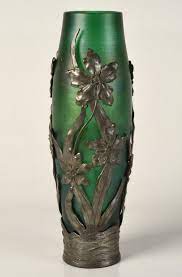 Antique Green Art Glass Vase Pewter