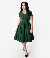 Vintage Diva 1950s Green Wide Collar Belted Joan Swing Dress Unique Vintage Swing Dress Dresses Classic Dress Style