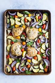 Sheet Pan Chicken With Roasted Ratatouille This Healthy One Pan Meal Is Gluten Free Paleo Whole30 And Low Carb Sheet Pan Recipes Recipes Pan Chicken