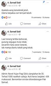 Tuan a samad said sy minat tetang puisi saya ingin bertanya macam mana kita ingin menulis puisi. Lestari Kemboja Putih Aktiviti Penulis Datuk A Samad Said Di Laman Sosial Facebook
