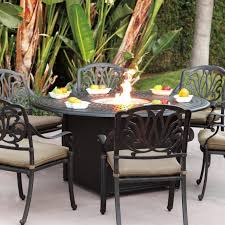 Darlee Elisabeth 7 Piece Cast Aluminum Patio Fire Pit Dining Set Bbqguys Fire Pit Dining Set Fire Pit Table Set Fire Pit Table And Chairs
