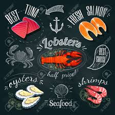 Tableau Noir Ad Fruits De Mer Thon Saumon Homard Huitres Et Crevettes Illustration Vectorielle Seafood Art Seafood Menu Seafood
