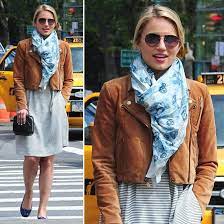 Dianna Agron Cropped Brown Leather Jacket Scarf Flats Dress Celebstyle Popsugar Brown Leather Jacket Brown Denim Jacket Leather Jacket