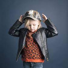 Orange Cheetah Print Sweatshirt Paird With A Black Leather Jacket And A Camp Hat Cheetah Print Sweatshirt Embellished Denim Toddler Fashion