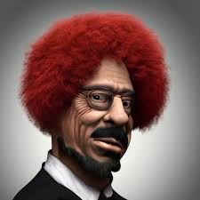 dinosaurio Earl Sinclair, con cabello negro y afro, con piel rosa y verde