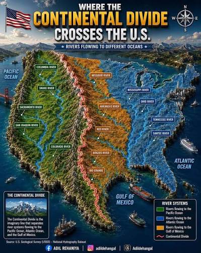 🌎⛰️ Where the Continental Divide Shapes America! 🇺🇸 • One mountain line,  but it sends rivers to three diffrent directions. 🌊 • Nature really drew  an invisible border, kinda amazing to see!