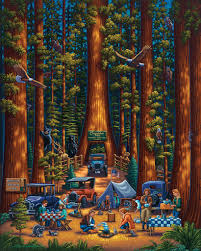 In the 500 piece jigsaw puzzle, national parks by dowdle folk art, an illustration of a collage of all the national parks in the united states is depicted. Redwood Wooden Puzzle Camping In The Woods Puzzle Art Fantasy Landscape