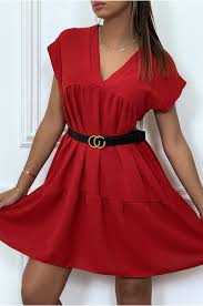 Robe fluide rouge à l'imprimé corail. Robe Courte Fluide Rouge A Col V