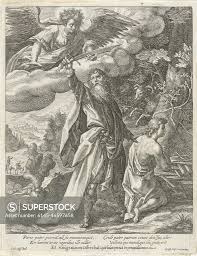 Abraham raises his sword to kill his son Isaac, who kneels before the  altar. However, an angel stops him. In the background in the forest the RAM  that Abraham can sacrifice.