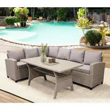 Choose from patio sets with or without cushions, or tables that seat four or eight people. Boyel Living Brown Patio Dining Table Set Outdoor Furniture Wicker Set All Weather Sectional Sofa Set With Table Soft Cushions Tp Sh000073aad The Home Depot
