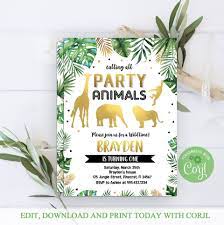 Jungle Gold Birthday Invitation Calling All Party Animals Etsy Editable Invitations Birthday Invitations Safari Invitations