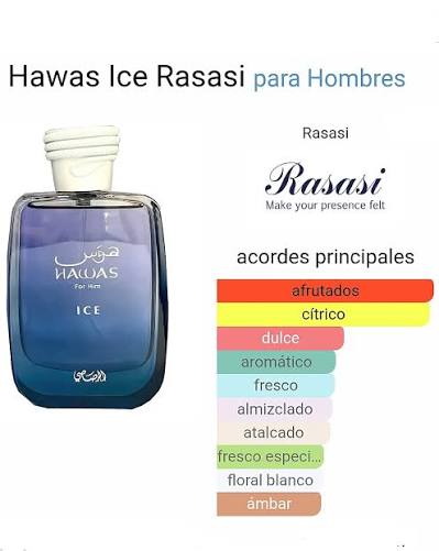 Hawas Ice de Rasasi es una fragancia de la familia olfativa Aromática para  Hombres. Hawas Ice se lanzó en 2023. Las Notas de Salida son manzana, limón  italiano (lima italiana), bergamota de
