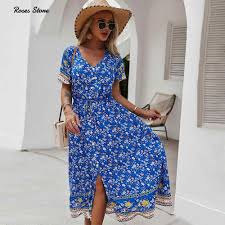 Hier findest du alles rund um beauty lifestyle und hauls also schau dich gerne bei. Sommer Floral Split Maxi Kleid Fur Frau Lange Blau Sexy V Ausschnitt Kurzarm Sommerkleider 2021 Neue Urlaub Strand Fruhling Kleidung Dresses Aliexpress