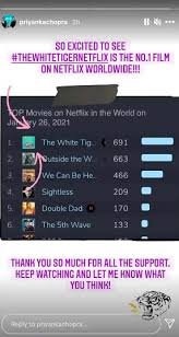 You can find here all the netflix charts (netflix top 10 or what is trending on netflix), itunes charts, amazon prime charts and hbo charts. The White Tiger Becomes Worldwide No 1 Film On Netflix