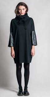 Black Cowl Neck Dress Oversized Dress With Leather Sleeves Shapeless Short Black Dress Leather Dress Black Short Dress Cowl Neck Dress Leather Dresses
