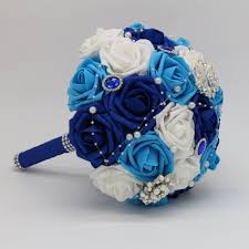 My wedding colors are dusty blue and orange and some white accents. Bouquet Of Roses Artifiical Royal Blue White Turquoise Bridal Bouquet Vanrina