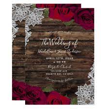 Deep Red Floral Roses Rustic Wood Lace Wedding Invitation Zazzle Com In 2022 Red Wedding Theme Red Wedding Invitations Wine Red Wedding